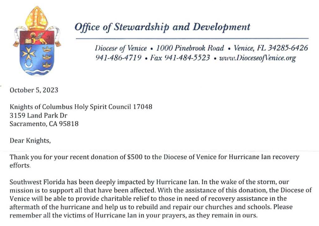 Letter from Diocese of Venice Florida